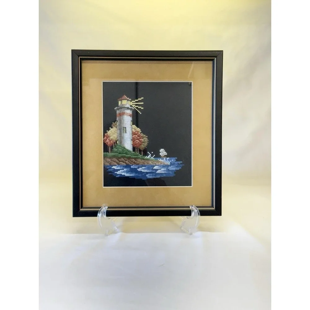 Vintage Completed Light House Ocean Cross Stitch Framed Picture 13